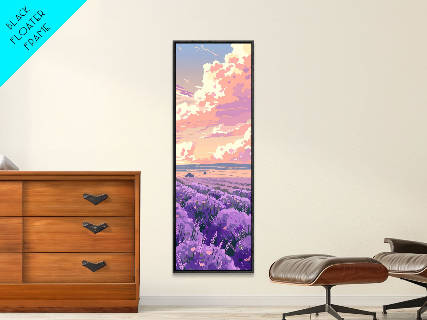 Expansive Lavender Field Beneath a Dramatic Cloudy Sky in Warm Pastel Hues Ukiyo-e Art Japanese Framed Canvas Print Skinny Tall Art