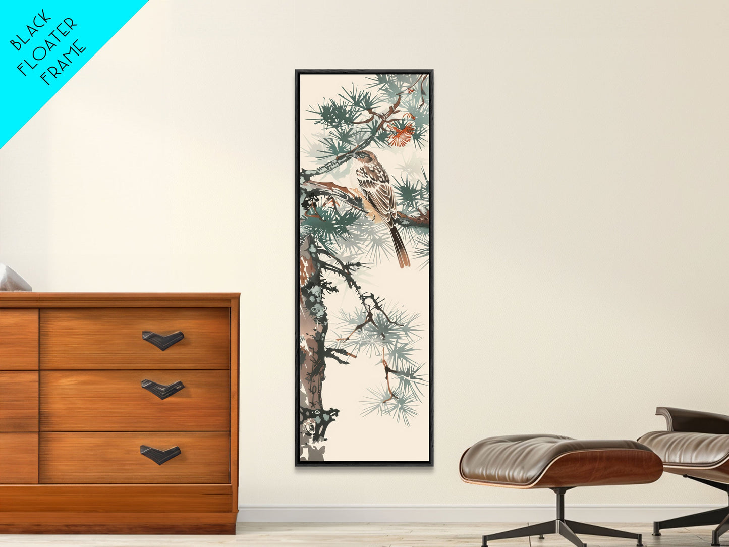 Canvas Print Sparrow Perched On Pine Tree Branch, Subtle And Serene Japanese Nature Scene For Tranquil Home Decor, Wall Decoration