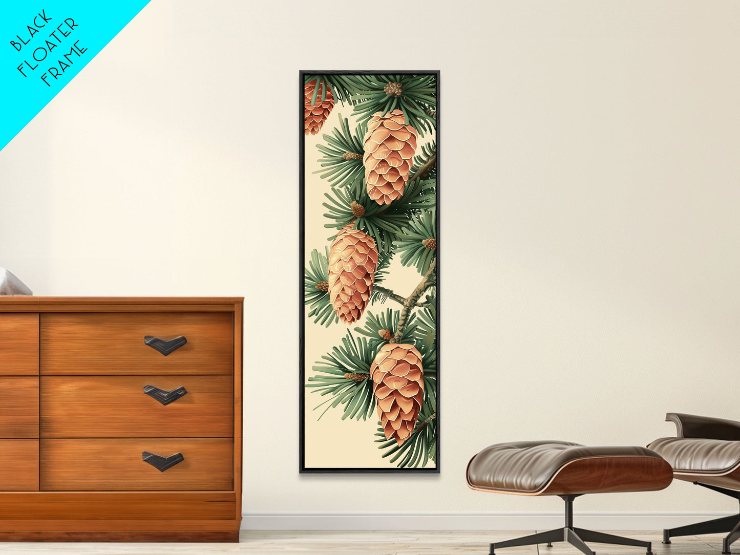 Pinecones And Green Pine Needles Detailed Wood Block Print Skinny Art Framed Canvas Print