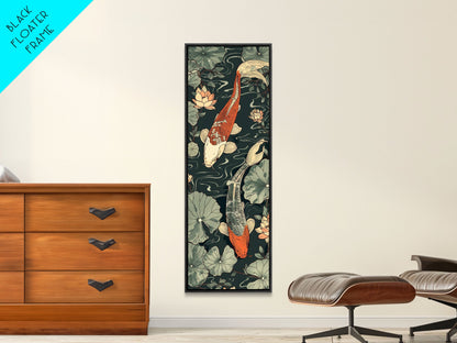 Koi Fish Swimming Gracefully Among Lotus Flowers – Framed Canvas Print Highlighting Skinny Art And Tall Art In Ukiyo-E Art And Japanese Style Art