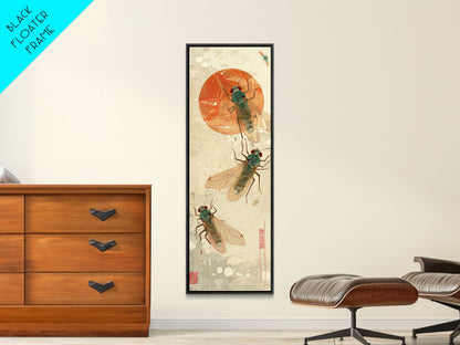Detailed Depiction Of Cicadas Against Warm Sunset Background Ukiyo-e Skinny Tall Wood Block Framed Canvas Print Japanese Style Art