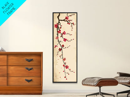 Minimalist Branch Of Red Cherry Blossoms Against Beige Background For Asian-Inspired Wall Art Decor Framed Canvas Print