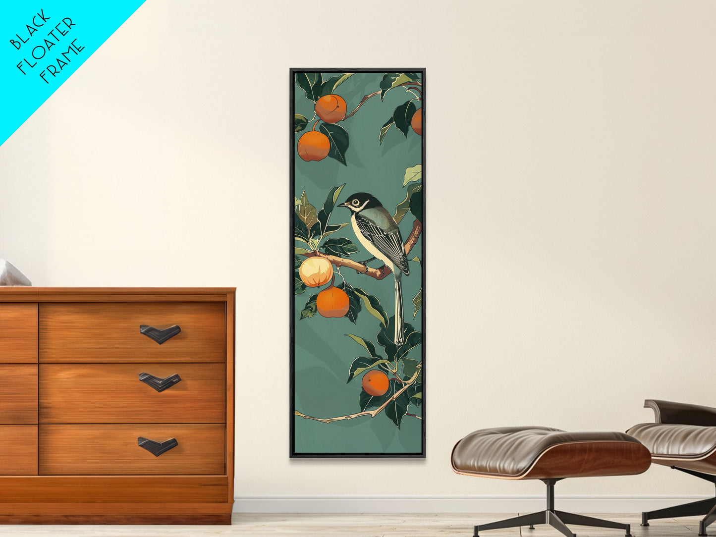 Elegant Bird Among Persimmons On A Green Canvas, Skinny Wall Art With Framed Canvas Print In Japanese Style Art For Feng Shui Decor