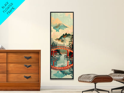 Atemberaubendes Motiv des Berges Fuji mit Spiegelung der roten Brücke, schmaler, hoher Leinwanddruck mit Rahmen, japanisches Wandbild im Feng-Shui-Stil