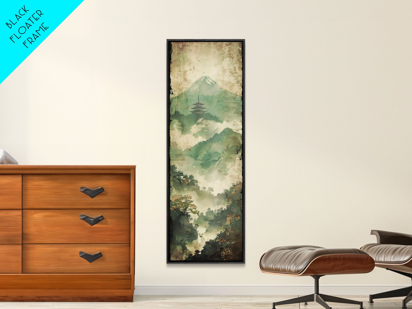 Skinny Art Tall Art Framed Canvas Print Japanese Style Art Foggy Mountain Temple Landscape Wood Block Print Ukiyo-e Feng Shui Wall Art