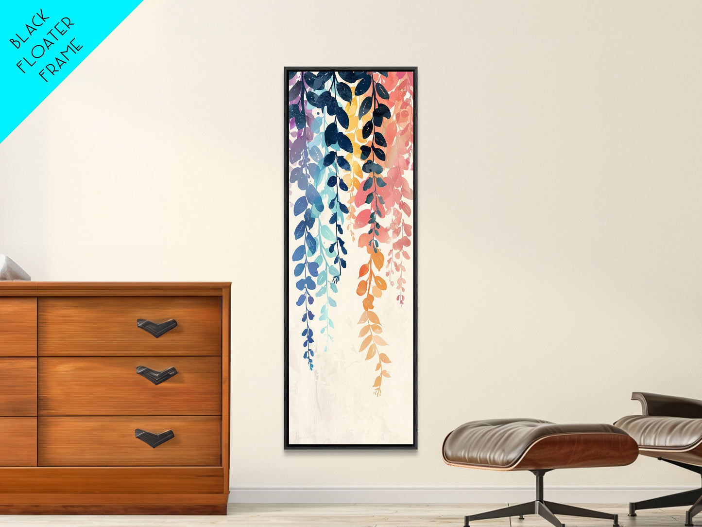 Colorful Leaves Hanging From Branches - Skinny Art Tall Art Framed Canvas Print Japanese Style Art Ukiyo-e Art