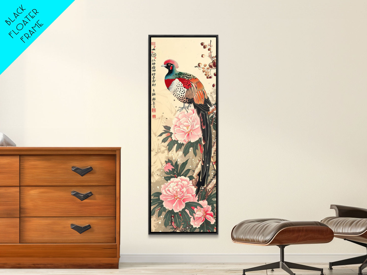 Majestic Pheasant Among Blossoms And Red Berries In Traditional Ukiyo-e Art Framed Canvas Print Japanese Style Skinny Art Tall Art