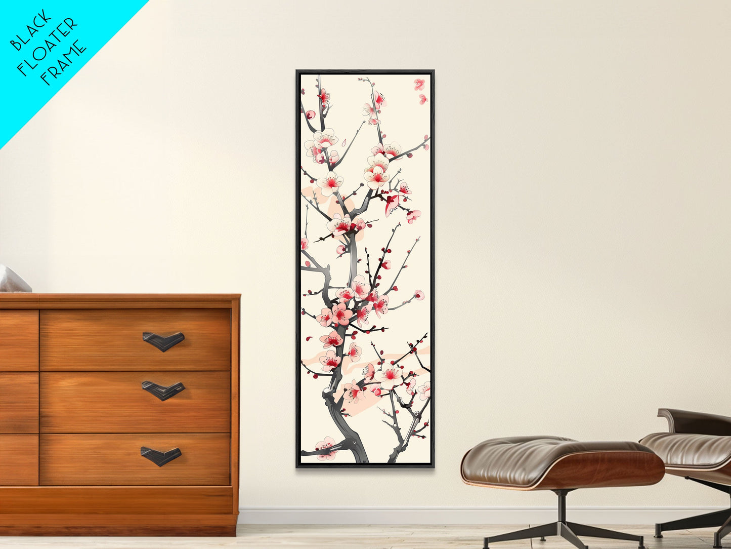 Delicate Plum Blossoms Skinny Art Tall Art Japanese Ukiyo-e Inspired Botanical Framed Canvas Print for Sophisticated Interiors