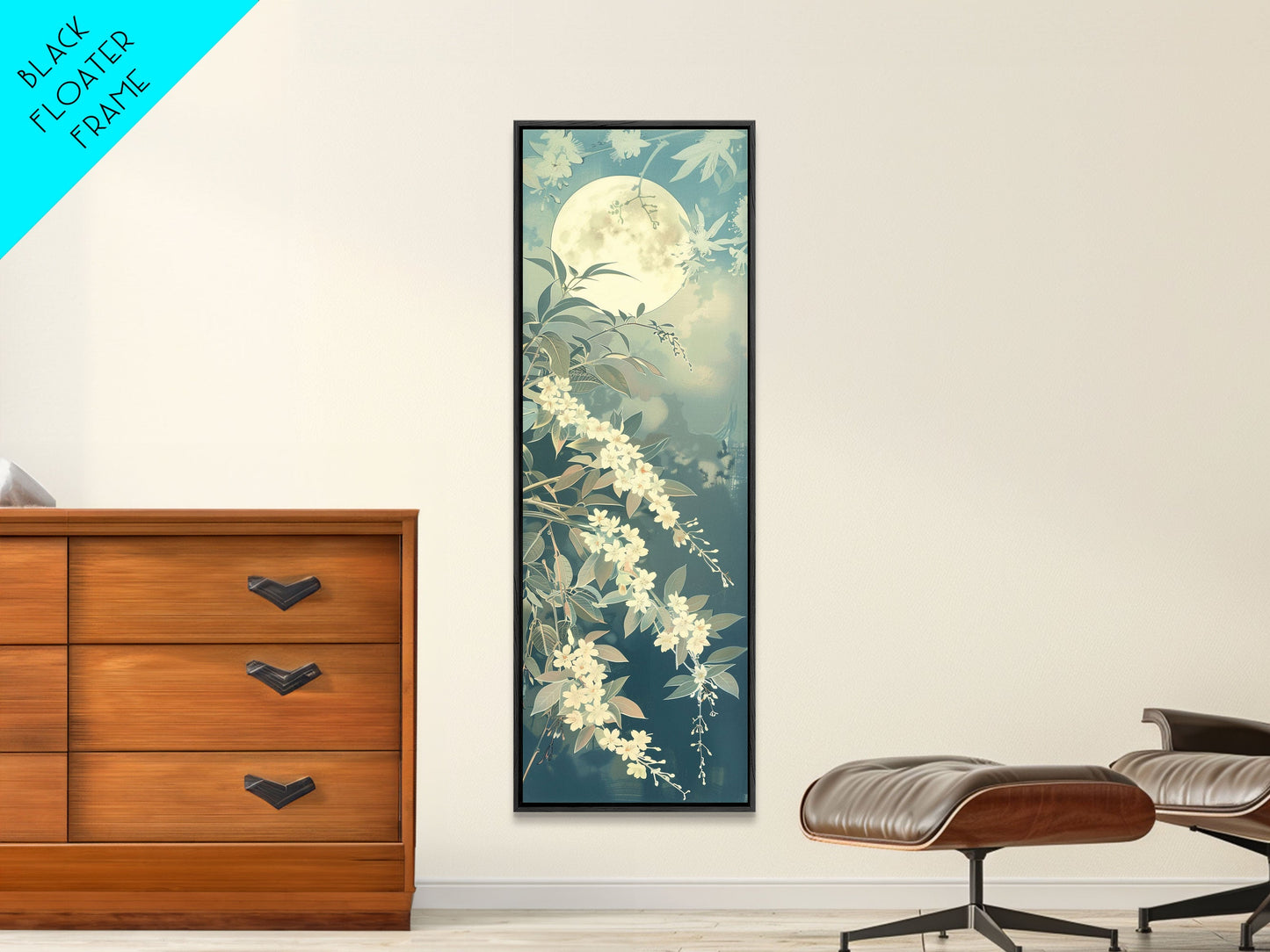 Delicate White Flowers and Full Moon in a Tranquil Night Setting - Skinny Art, Japanese Wall Decor, Framed Canvas Print, Ukiyo-e Style