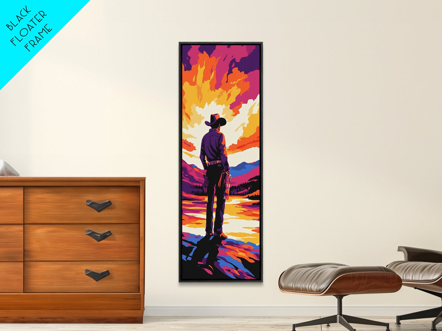 Bold Cowboy Sunset Canvas Print pink orange wall art southwest wall art extra wide art rustic decor farmhouse art tall narrow art