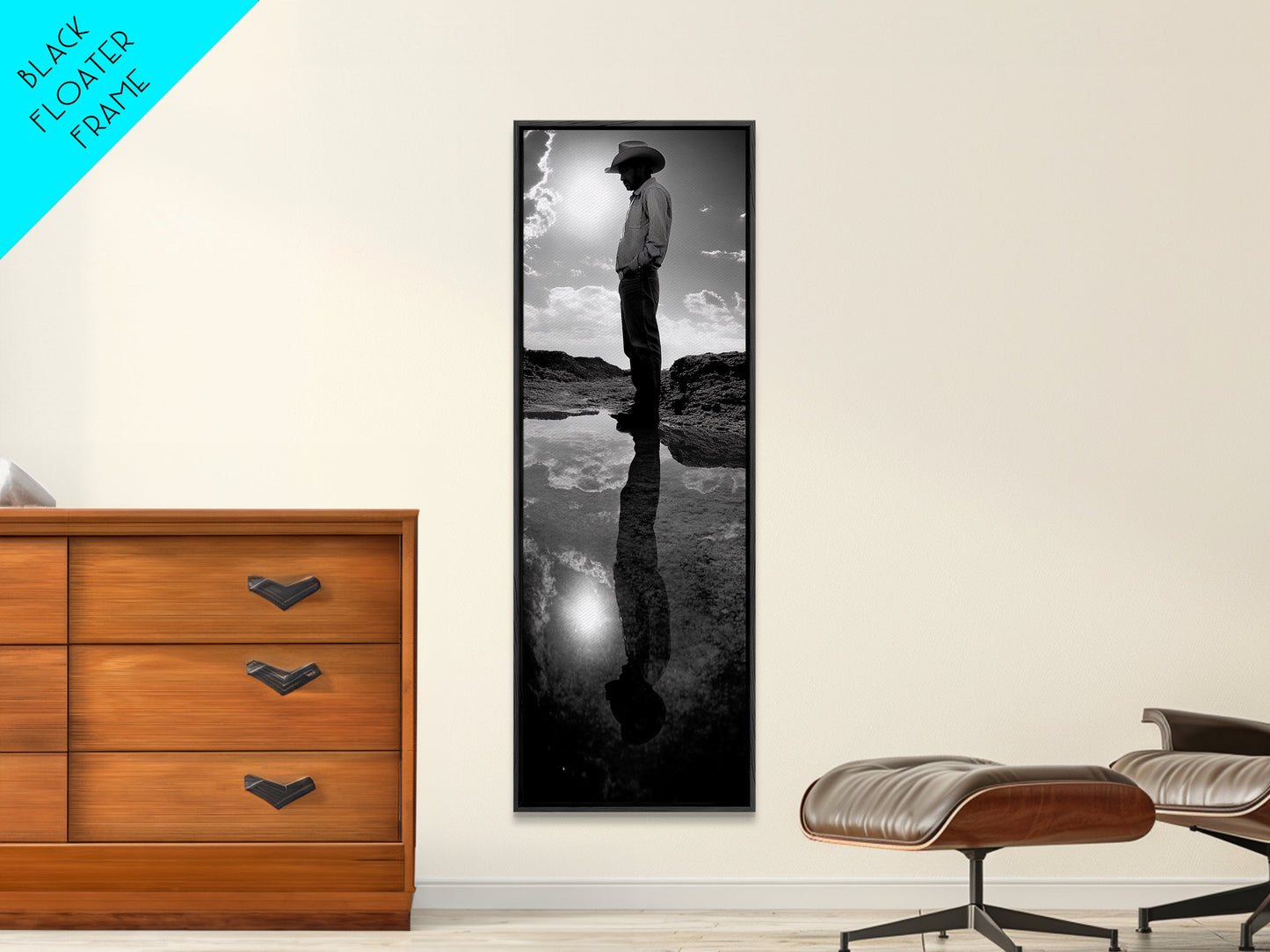 Lone Cowboy, Spiegelungsfotografie, gerahmter Leinwanddruck, rustikale Kunst, stimmungsvolle Wandkunst, extra breites Kunstwerk, Südwest-Wandkunst
