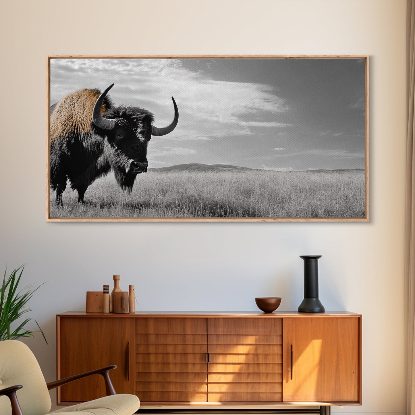 Büffel-Wandbild auf Leinwand | Rustikale Landhausdeko | Western-Landschaftskunst | Stimmungsvolles Wandbild | Extra breites Bild | Geschenk für Naturliebhaber