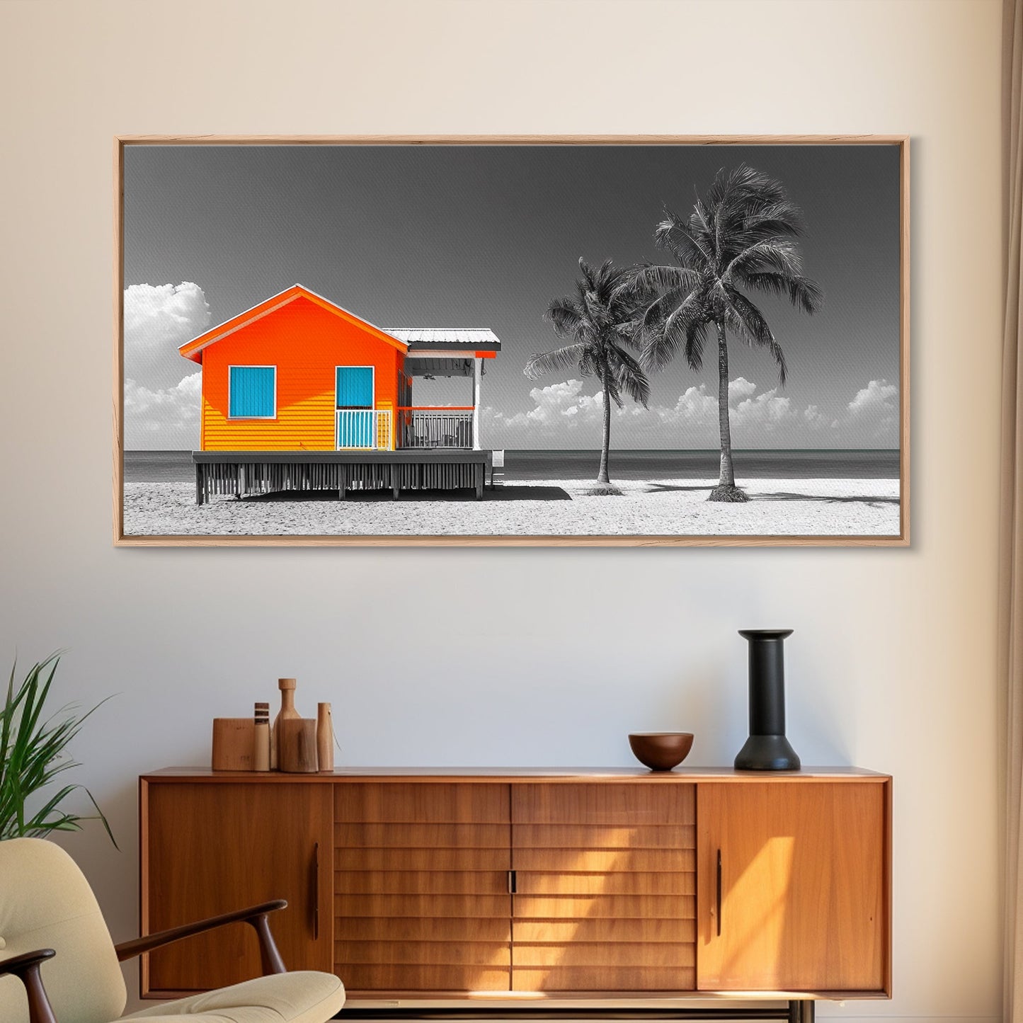 Bright Beach House Framed Canvas Print | Coastal Landscape Art | Nautical Wall Art | Coastal Decor | Extra Wide Art | Tropical Beach Art