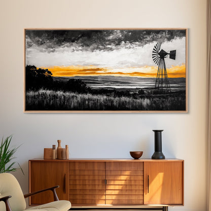 Windmill Sunset, windmill wall art, rustic decor, farmhouse art, landscape painting, extra wide art, framed canvas print, panoramic art