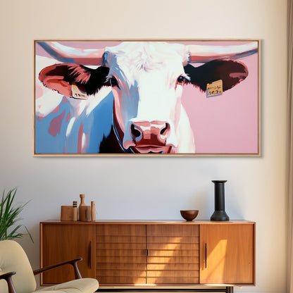 Texas Longhorn, Rustic Wall Art, Bull and Bear Art, Southwest Wall Art, Extra Wide Art, Pink Orange Wall Art, Canvas Print, Farmhouse Art