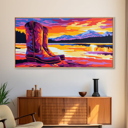Cowboy boots, lake sunset, mountain painting, rustic western art, farmhouse decor, vibrant colors, extra wide art, canvas print