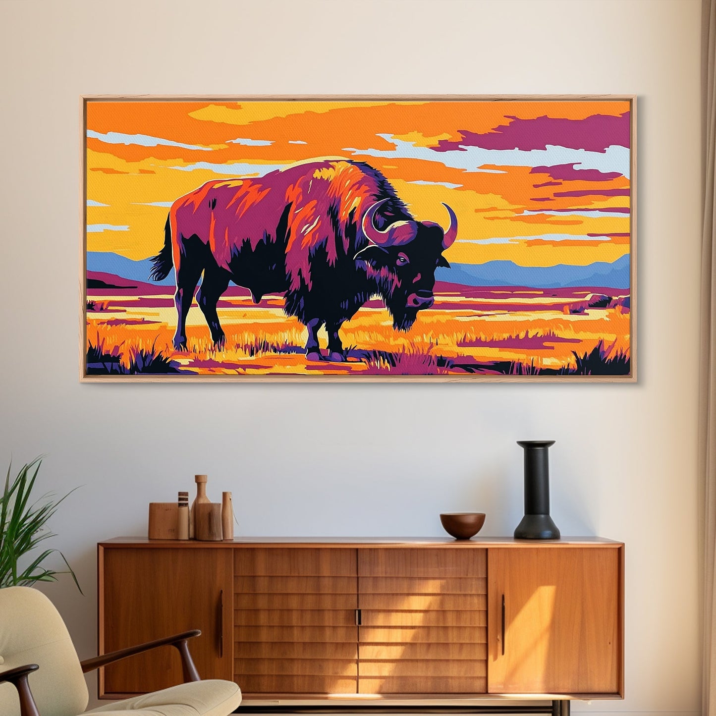 Bison Prairie, rustic art, southwest wall art, landscape painting, extra wide art, panoramic painting, farmhouse art, Framed Canvas Print