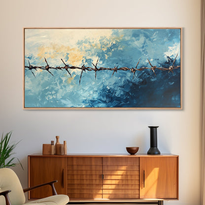 Barbed Wire, Rustic Wall Art, Southwest Art, Minimalist Art, Moody Painting, Extra Wide Art, Western Landscape Art, Framed Canvas Print