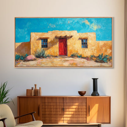 Pueblo Village, Moon Oil Painting, Southwest Wall Art, Rustic Landscape, Moody Art, Extra Wide Art, Desert Scene, Framed Canvas Print