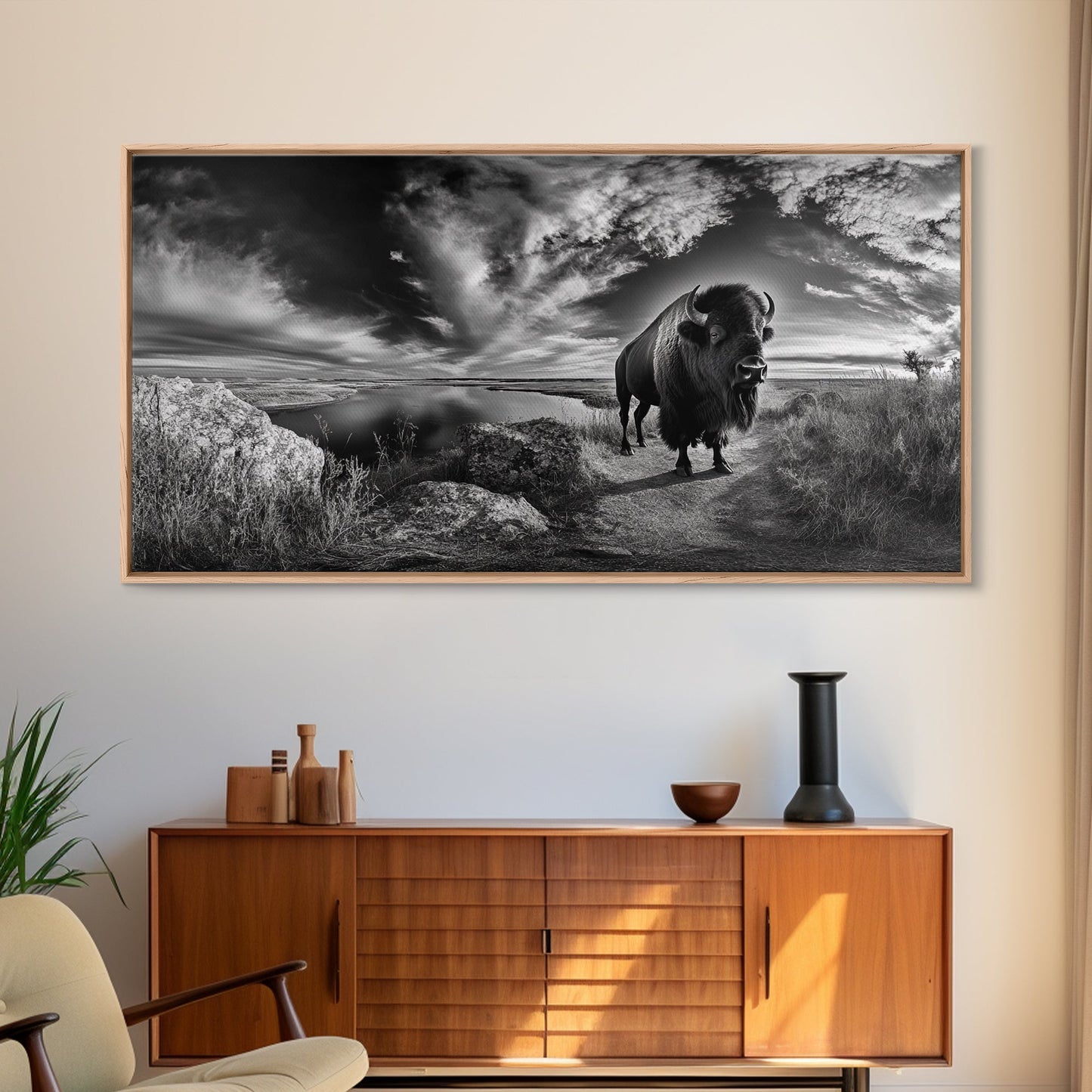 Bison Landscape, Southwest Wall Art, Rustic Wall Art, Moody Art, Panoramic Art, Extra Wide Art, Nature Wall Art, Framed Canvas Print