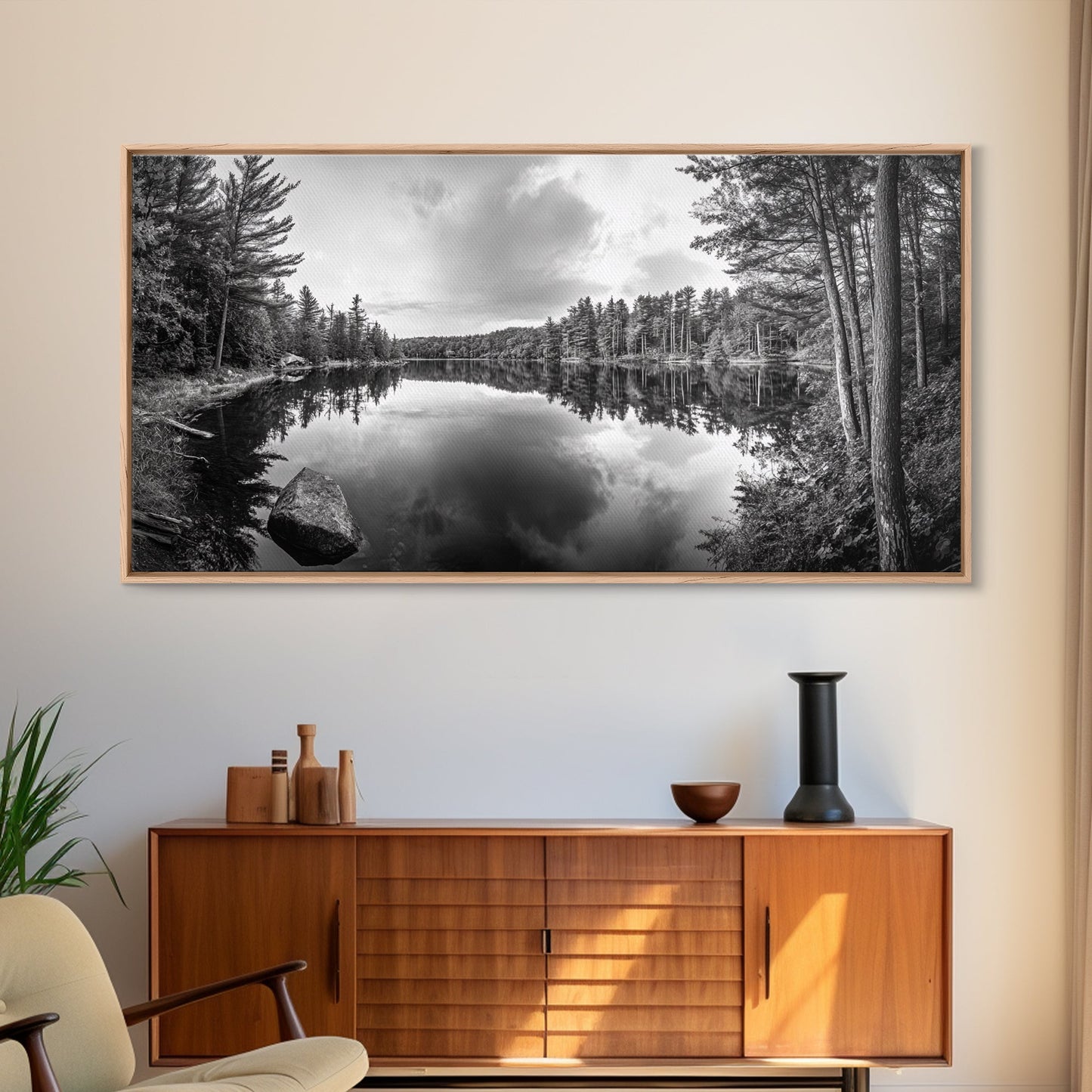 Lake reflection, pine tree art, landscape painting, wabi sabi art, rustic decor, panoramic painting, extra wide art, framed canvas print