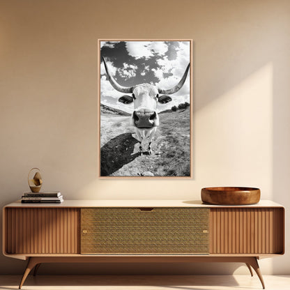 Texas Longhorn Close-up, bull and bear art, western decor, farmhouse art, rustic wall art, cowboy painting, framed canvas print