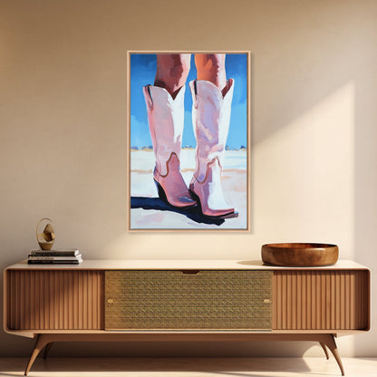 Cowgirl Boots, coastal cowgirl wall art, pink abstract art, rustic art, fashion painting, boho art, framed canvas print, gift idea