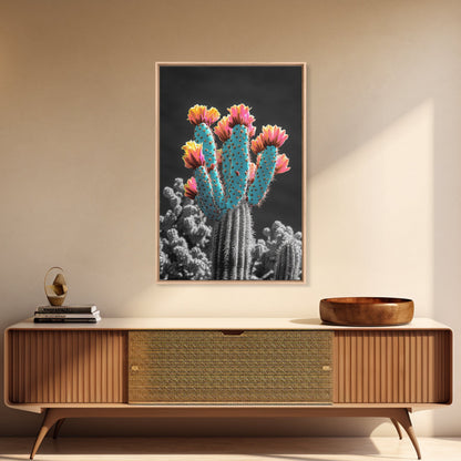 Cactus, desert flowers, vibrant nature art, framed canvas print, boho wall decor, southwest wall art, floral painting, Joshua tree art
