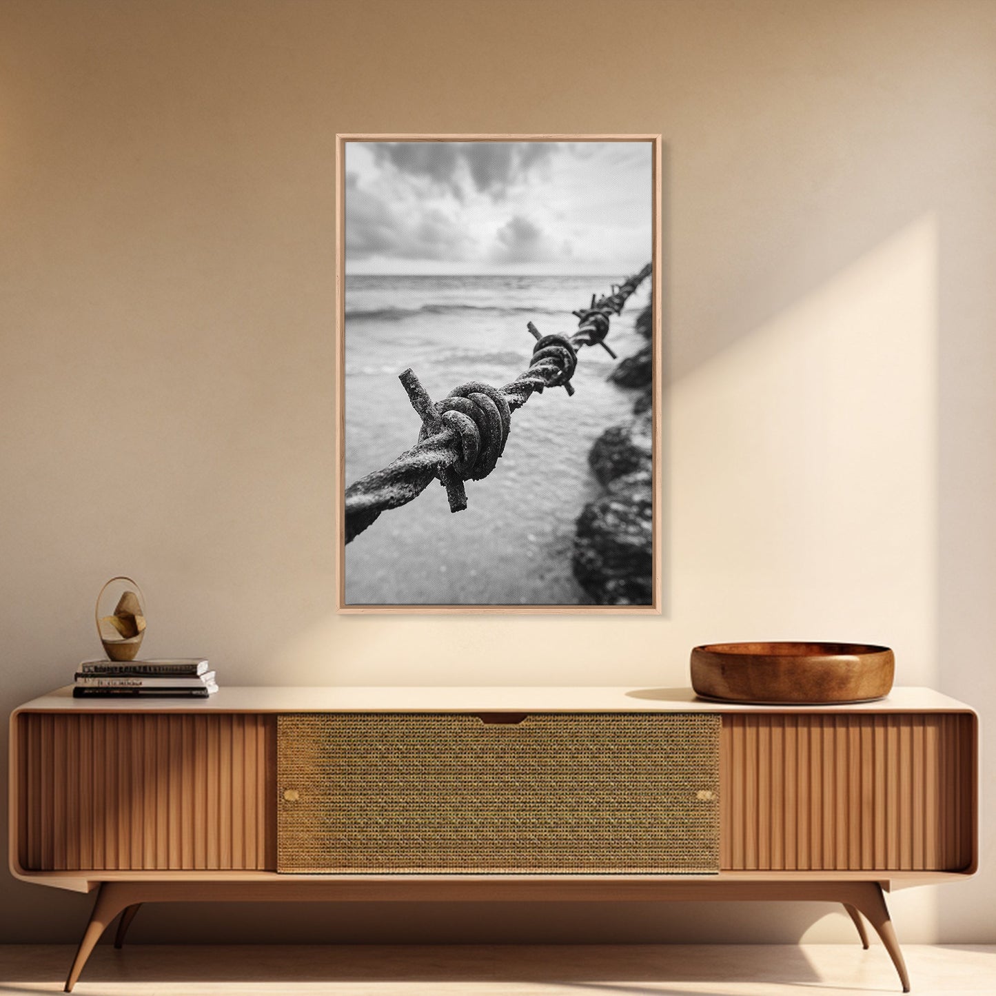 Barbed Wire, ocean view, rustic decor, coastal cowgirl wall art, wabi sabi art, moody photography, framed canvas print, minimalist art