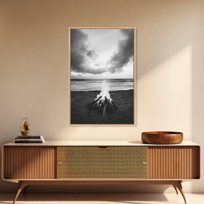 Beach Bonfire, coastal landscape art, rustic decor, moody art, dramatic seascape, black and white, framed canvas print, nautical wall art