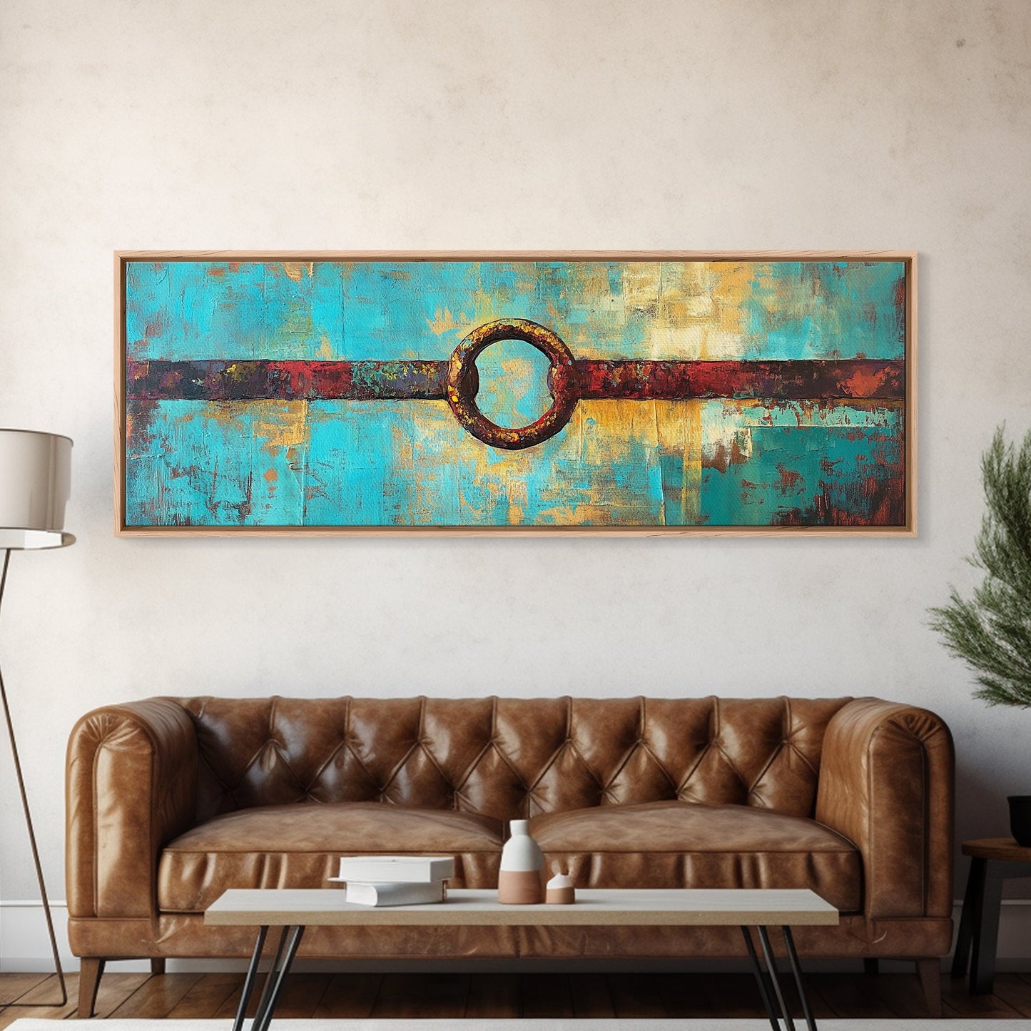 Abstract Metal Ring, geometric wall art, southwest wall art, rustic decor, moody art, tall narrow art, wabi sabi art, Framed Canvas Print