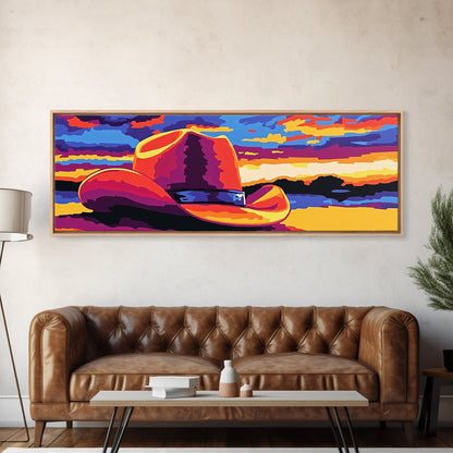 Western Sunset Art, cowboy hat painting, rustic wall art, southwest wall art, extra wide art, framed canvas print, panoramic painting