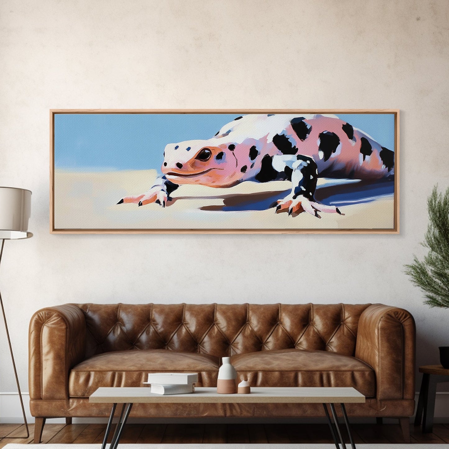 Eidechsenmotiv, gerahmter Leinwanddruck, verspielte Kunst, stimmungsvolle Kunst, extra breites Bild, Südwest-Dekor, rustikale Wandkunst, Bild für über dem Sofa, Geschenkidee