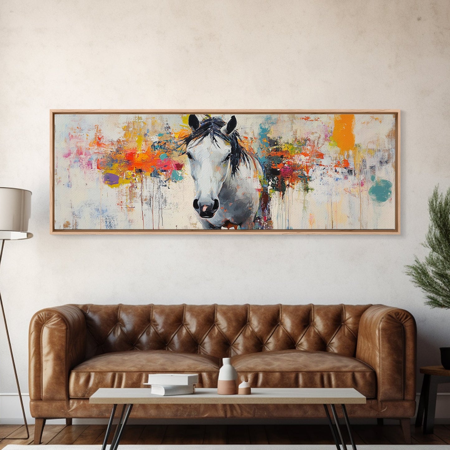 Weißes Pferd, abstrakte Kunst, stimmungsvolle Motive, rustikaler Stil, impressionistisches Pferd, gerahmter Leinwanddruck, extra breites Bild, moderne Landhauskunst
