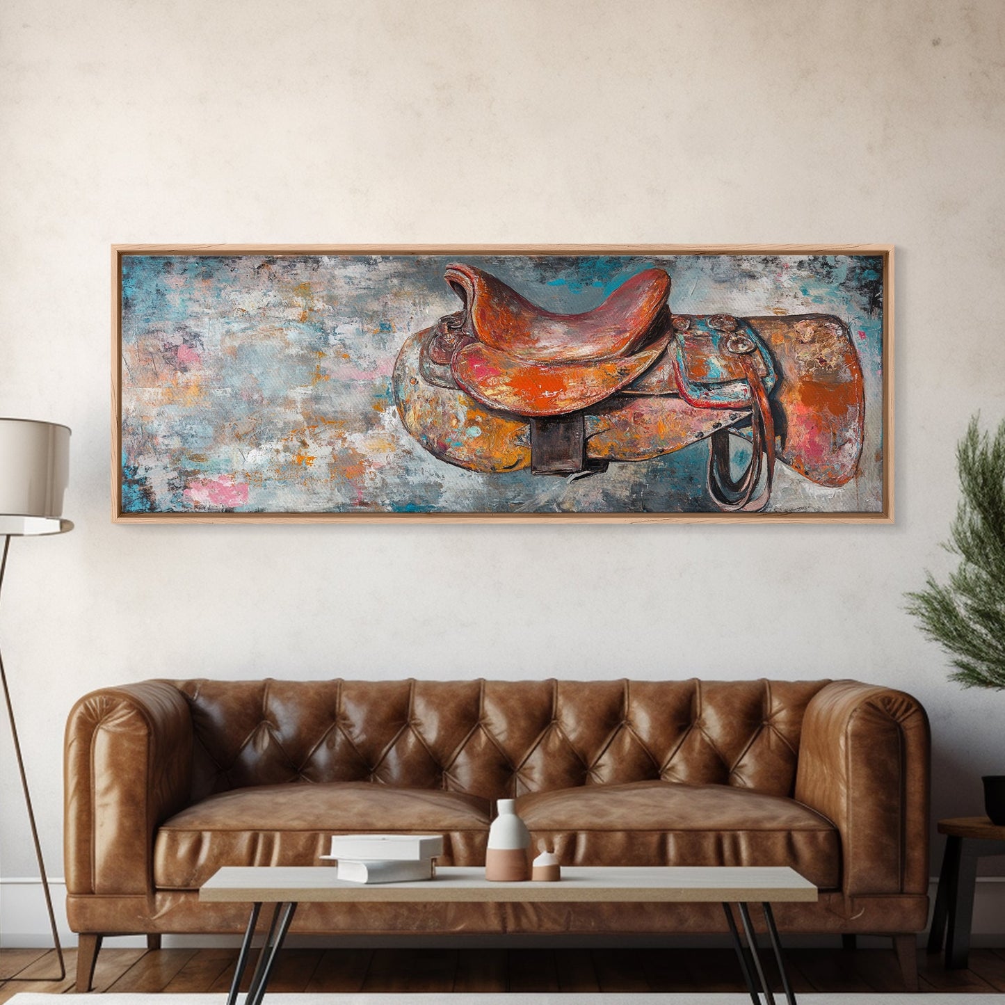 Abstract Saddle, horse wall art, abstract art, rustic decor, extra wide art, framed canvas print, above sofa art, living room decor