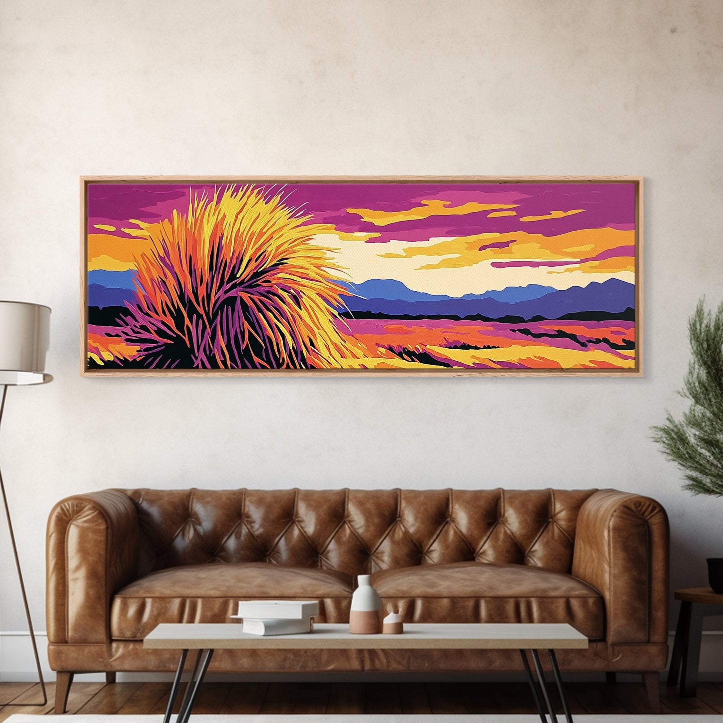 Kunst aus der Südwest-Wüste, Joshua-Tree-Kunst, Wandkunst in Pink und Orange, Sonnenuntergangsgemälde, abstrakte Kunst, gerahmter Leinwanddruck, extra breite Kunst