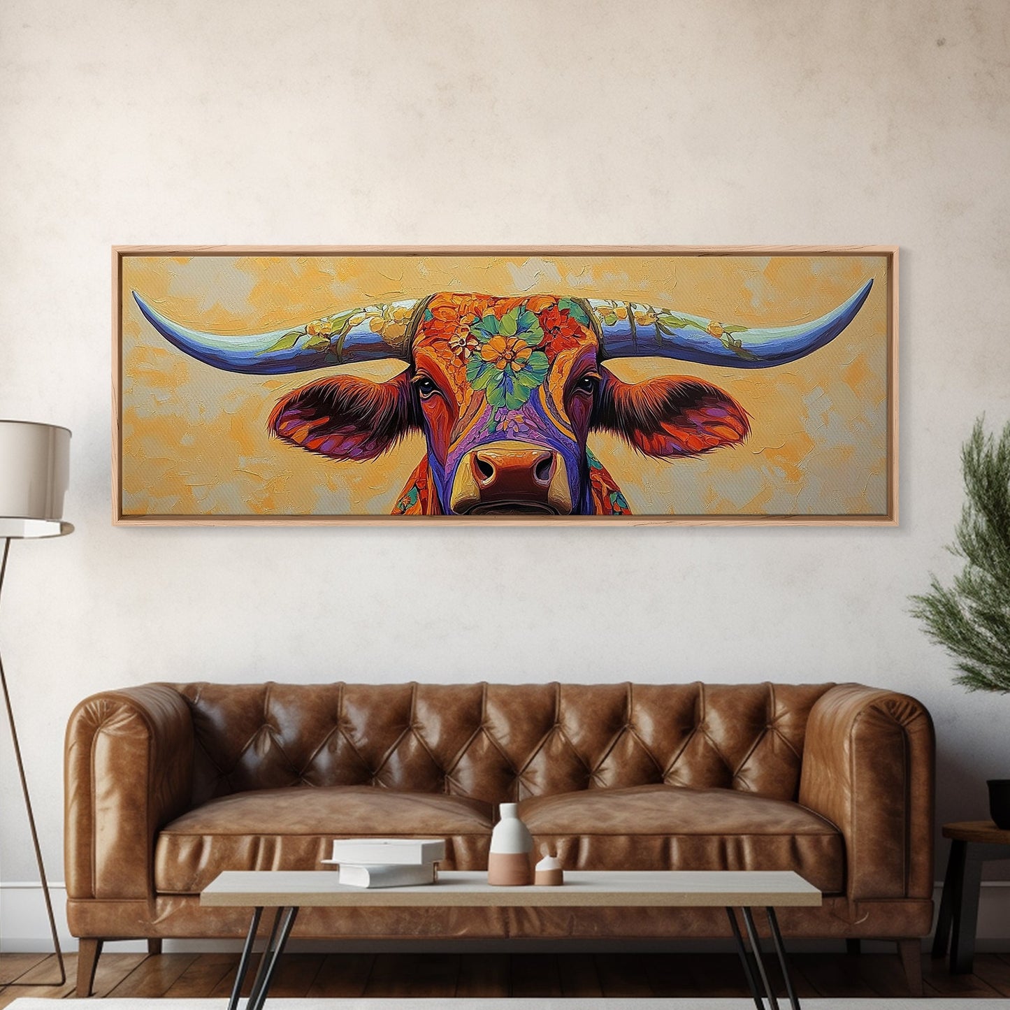 Floral Longhorn Art, Southwestern Wall Art, Texas Cow Art, Rustic Farmhouse Decor, Boho Art, Framed Canvas Print, Moody Art