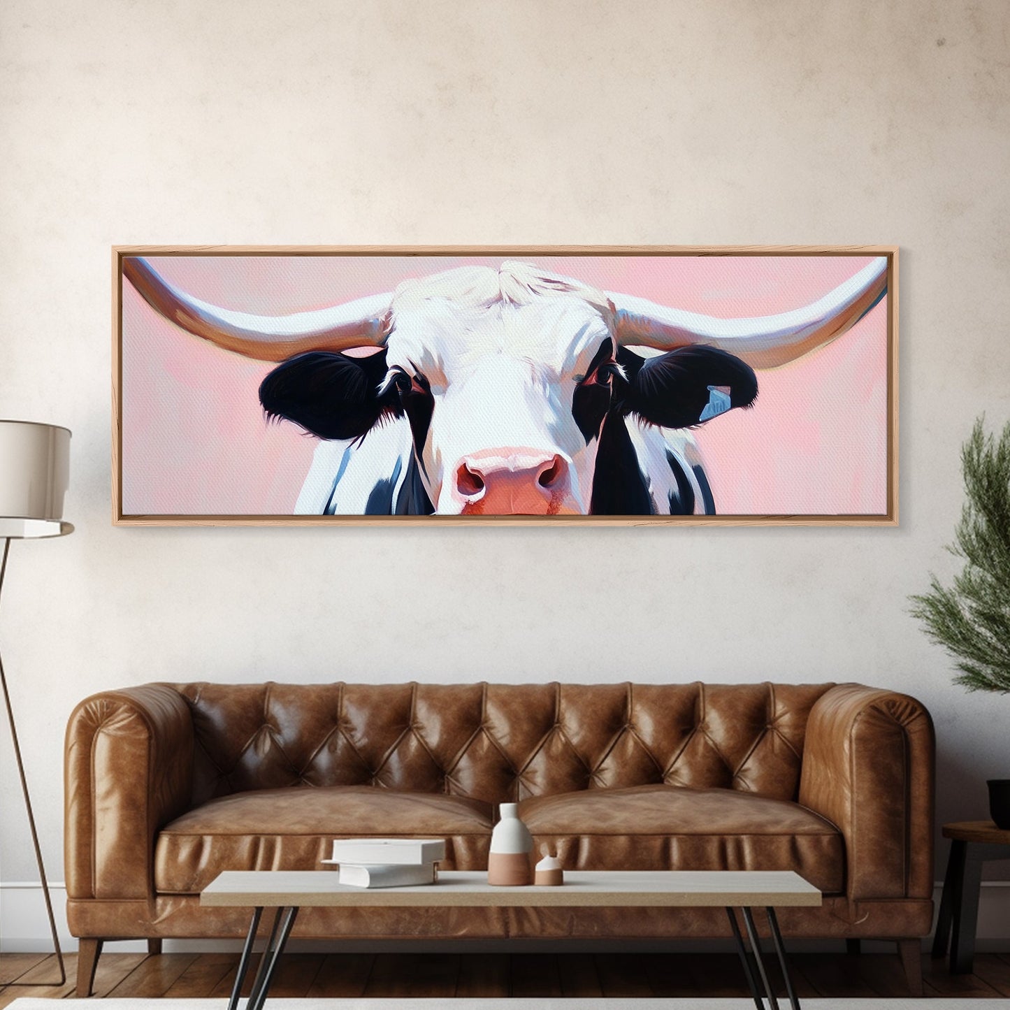 Black and White Cow Art, Light Pink Wall Art, Southwest Wall Art, Coastal Cowgirl Wall Art, Framed Canvas Print, Rustic Decor