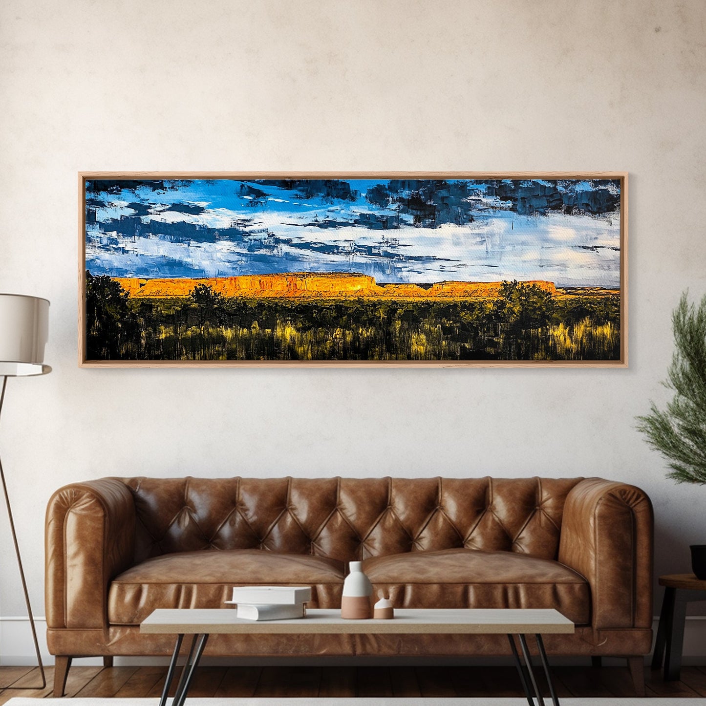 Southwest desert, landscape painting, long narrow wall art, extra wide art, panoramic painting, framed canvas print, rustic decor