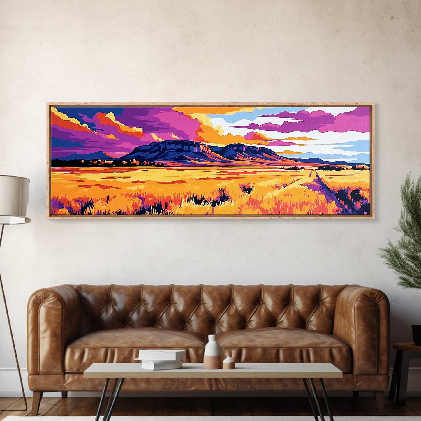 Vibrant mountain, pink orange wall art, Joshua tree art, geometric wall art, panoramic art, framed canvas print, landscape painting