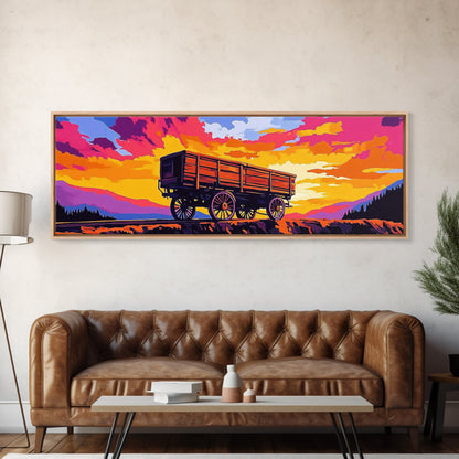 Sunset wagon, pink orange wall art, southwest wall art, geometric wall art, boho art, panoramic painting, framed canvas print, rustic decor