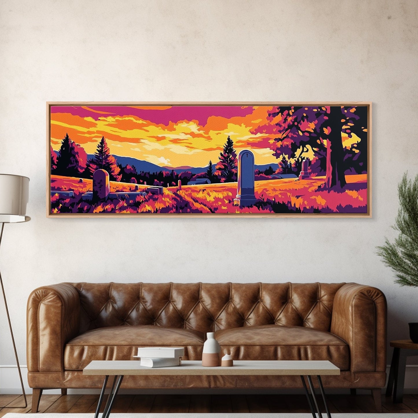 Western Graveyard, cowboy art, gothic painting, southwest wall art, dark angels wall art, extra wide moody art, framed canvas print