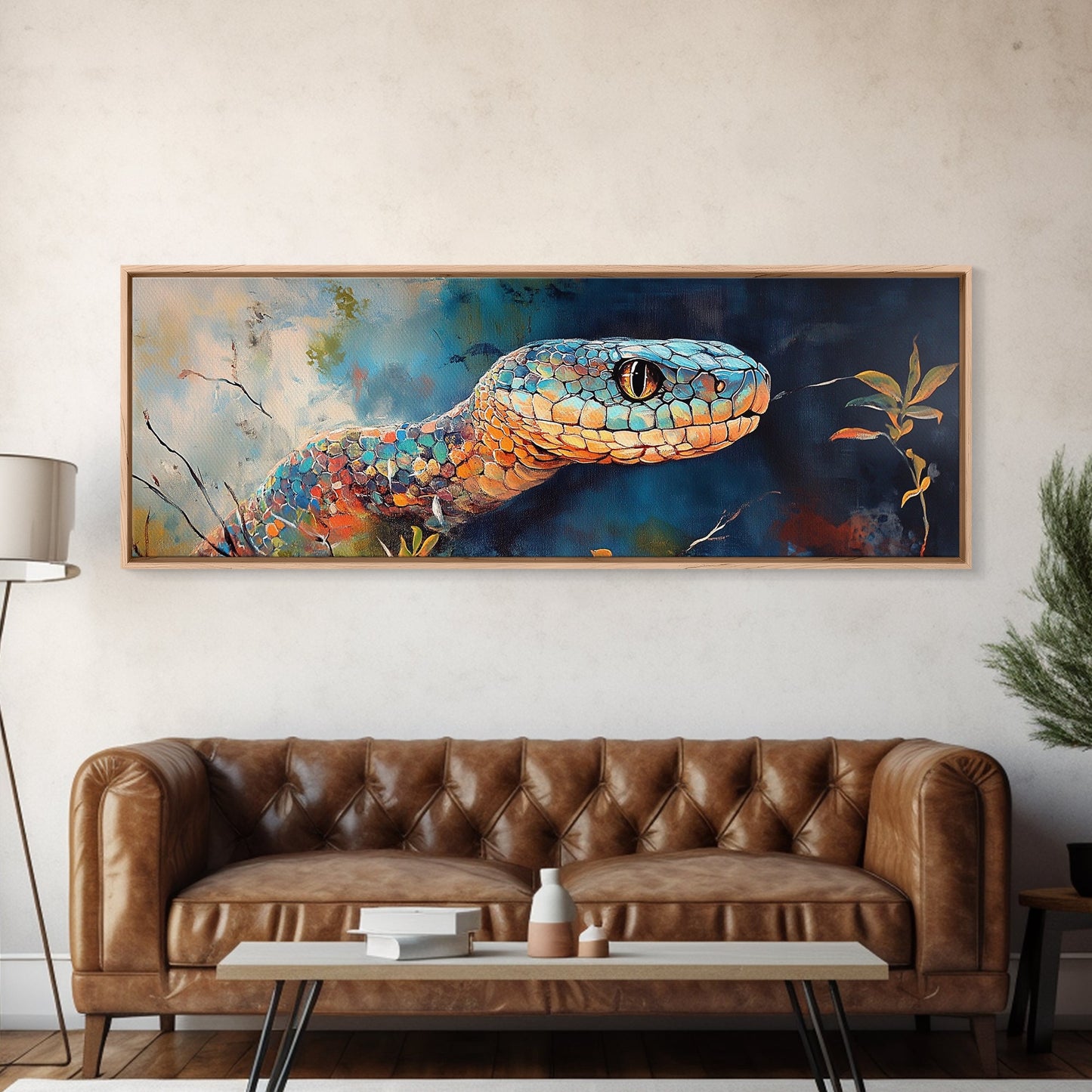 Vibrant Snake Painting, reptile wall art, wildlife decor, moody art, sacred geometry wall art, framed canvas print, extra wide art