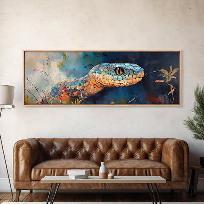Vibrant Snake Painting, reptile wall art, wildlife decor, moody art, sacred geometry wall art, framed canvas print, extra wide art