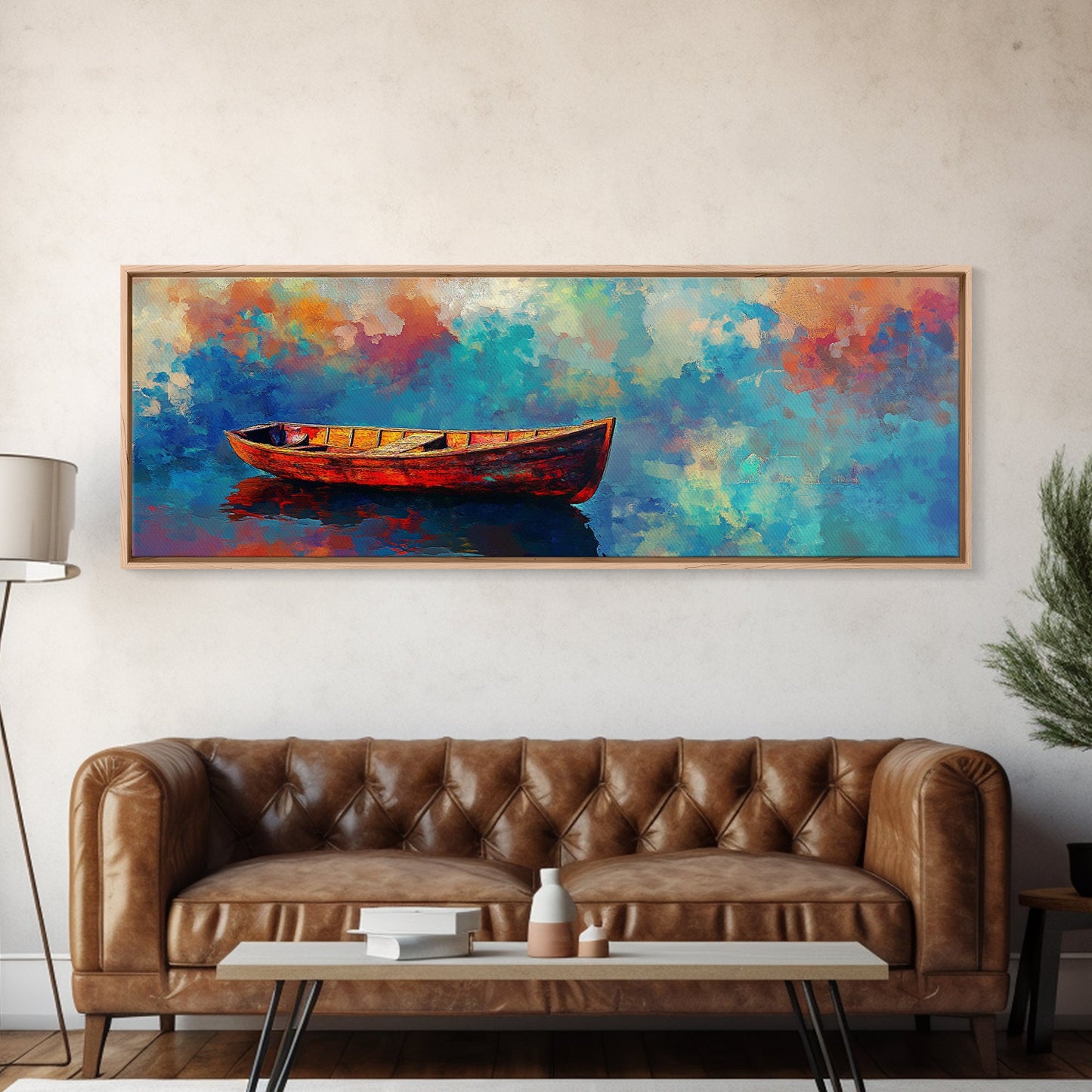 Colorful Boat Painting, coastal landscape art, nautical decor, seascape painting, vibrant wall art, framed canvas print, extra wide art