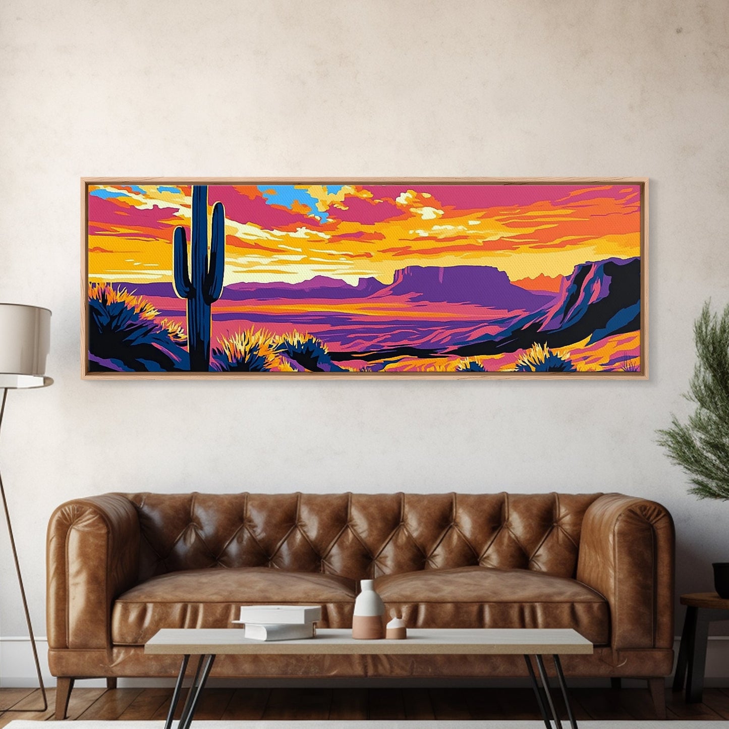 Southwest Sunset, Joshua tree art, desert landscape, southwest wall art, pink orange wall art, bold colors, framed canvas print