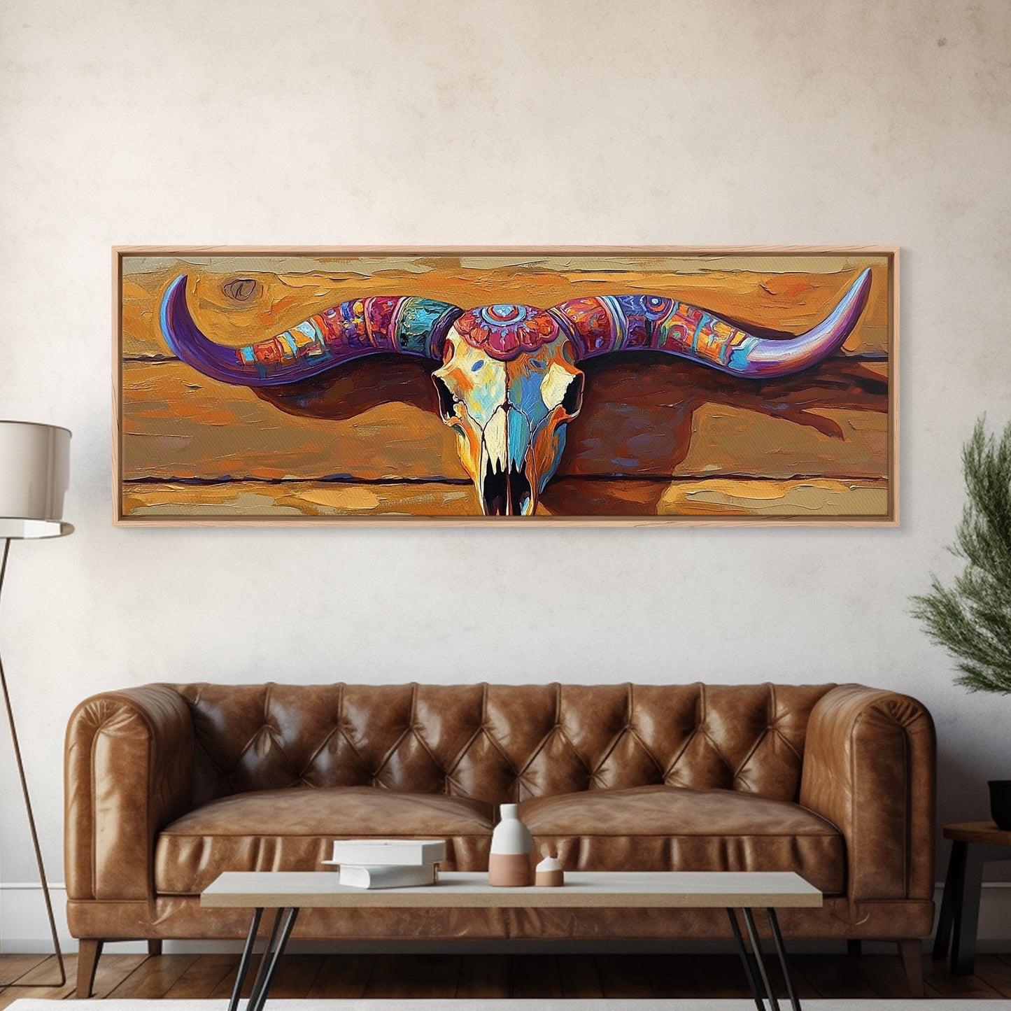 Bemalter Totenkopf, Stier- und Bärenmotiv, rustikale Dekoration, extra breites Kunstwerk, Wandkunst im Südwest-Stil, rosa-orangefarbene Wandkunst, gerahmter Leinwanddruck