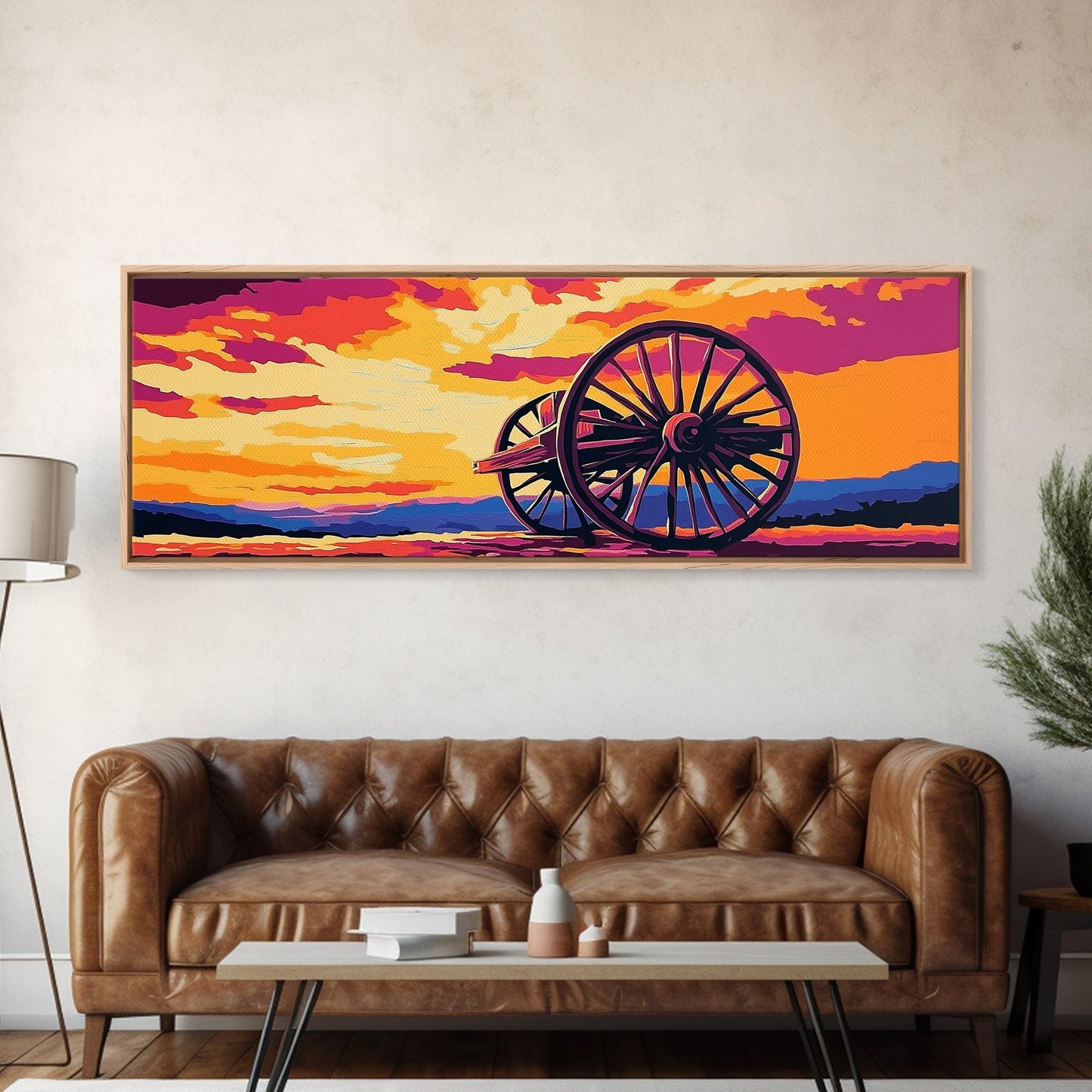 Sonnenuntergangs-Wagenrad, pink-orangefarbene Wandkunst, Kunst in kräftigen Farben, Boho-Kunst, Panoramagemälde, extrabreites Kunstwerk, gerahmter Leinwanddruck, Landschaftsmalerei