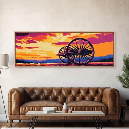 Sonnenuntergangs-Wagenrad, pink-orangefarbene Wandkunst, Kunst in kräftigen Farben, Boho-Kunst, Panoramagemälde, extrabreites Kunstwerk, gerahmter Leinwanddruck, Landschaftsmalerei