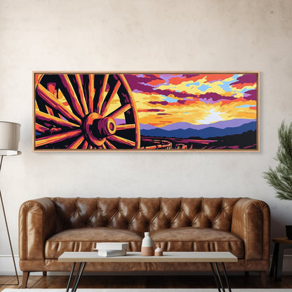 Lebendiger Sonnenuntergang mit Wagen, abstrakte Kunst in Rosa, Mohnblumen-Wandkunst, Boho-Kunst, Panoramagemälde, extra breites Kunstwerk, gerahmter Leinwanddruck, Vintage-Wandkunst